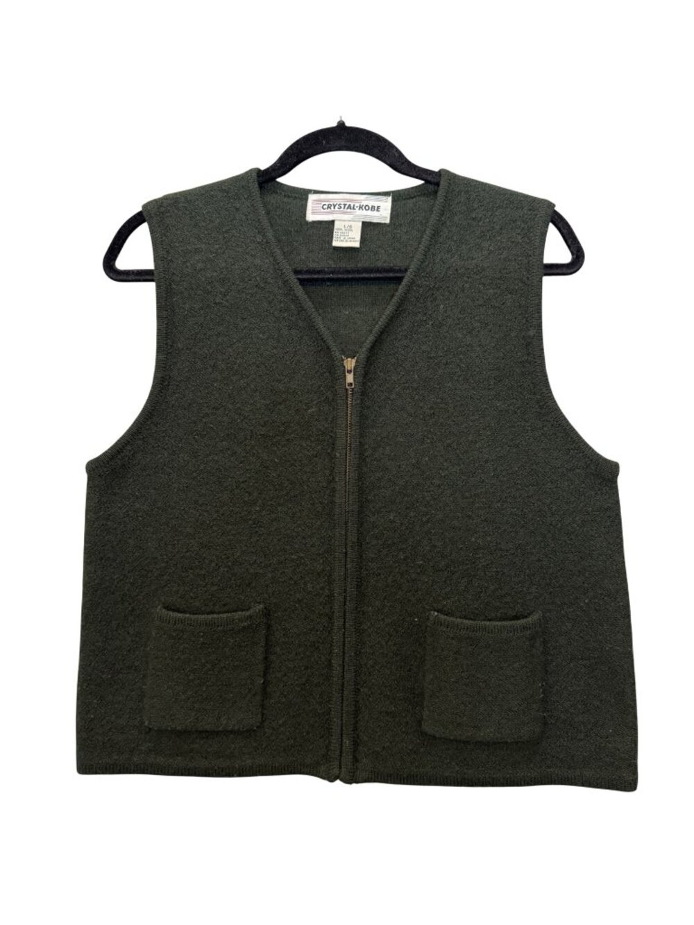 Vintage Crystal-Kobe Wool Vest Forest Green Zip Patch Pockets Women's L Preppy